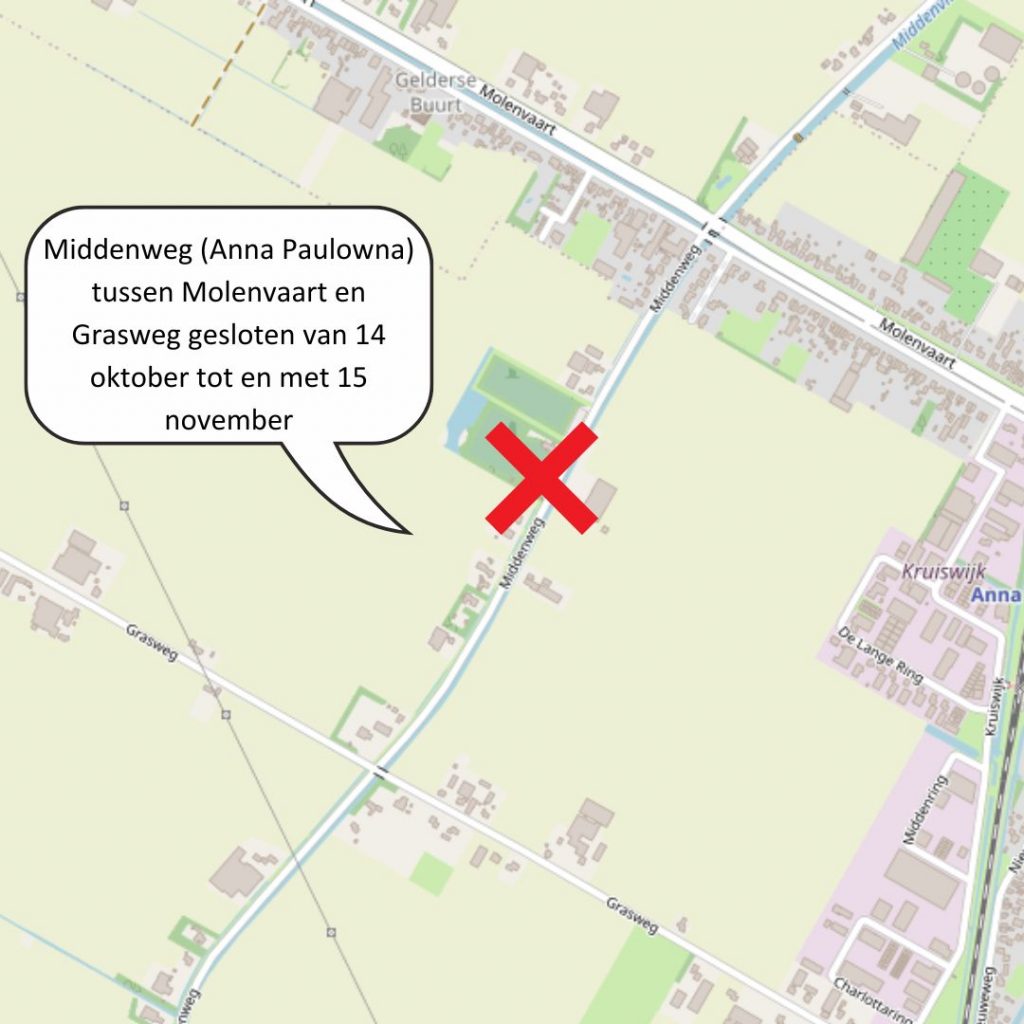 De Middenweg in Anna Paulowna, tussen Molenvaart en Grasweg, is gesloten van 14 oktober tot en met 15 november.