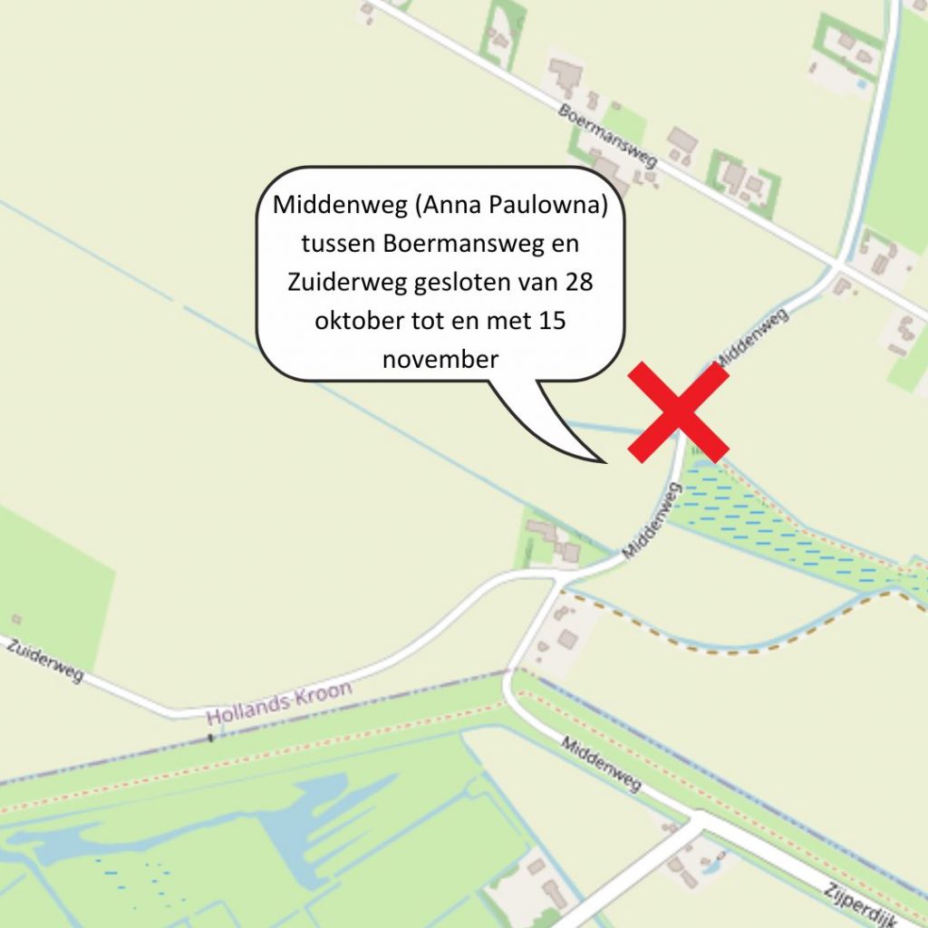 De Middenweg in Anna Paulowna, tussen Boermansweg en Zuiderweg, is gesloten van 28 oktober tot en met 15 november.