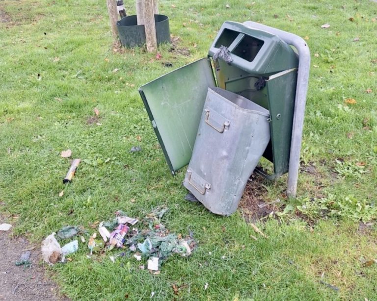 Prullebak vernield door vuurwerk.