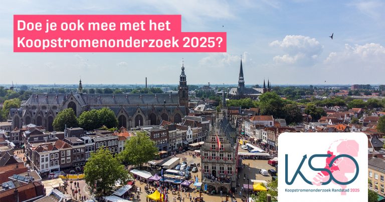 Koopstromenonderzoek 2025. Foto van een stad met daaroverheen de tekst: "Doe je ook mee met het koopstromenonderzoek 2025?"