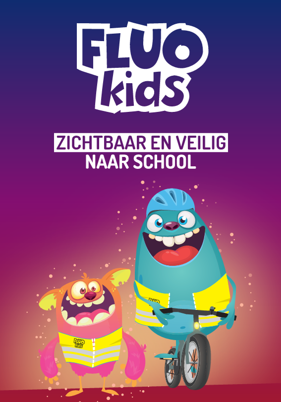 Campagneposter FLUOkids met twee gekke monsters met fluoricerende hesjes op de fiets en de tekst "Zichtbaar en veilig naar school"