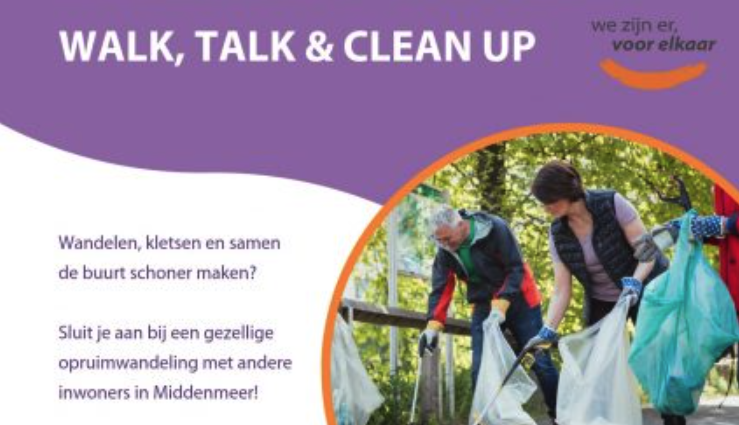 Walk, Talk & Clean Up flyer met een aantal mensen op de foto die met afvalprikkers opruimen op straat