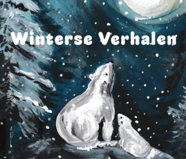 Winterse verhalen met een tekening van twee ijsberen in de sneeuw die naar de maan kijken