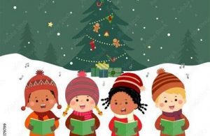 Vier kindjes zingen in de sneeuw voor een kerstboom kerstliedjes