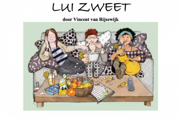 Lui Zweet flyer. Getekende afbeelding van de familie op de bank