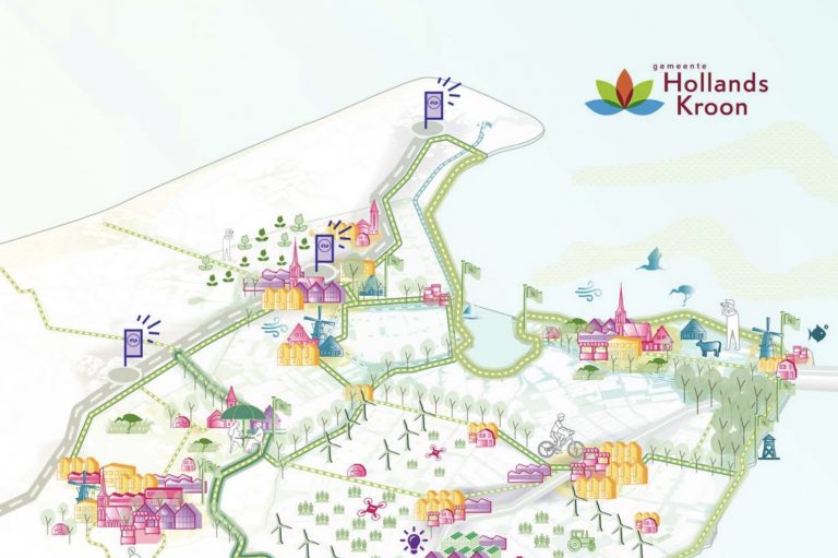 Tekening van Hollands Kroon met een weg door de verschillende dorpen. Ingetekend staan afbeeldingen wat voorkomt in dat gebied