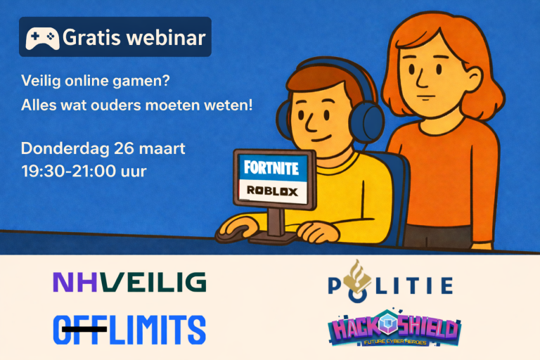 Illustratie van een ouder en een kind bij een computer met daarop de logo’s van Fortnite en Roblox, naast informatie over een gratis webinar over veilig online gamen. Onderaan staan de logo’s van NHVeilig, OffLimits, de politie en HackShield.