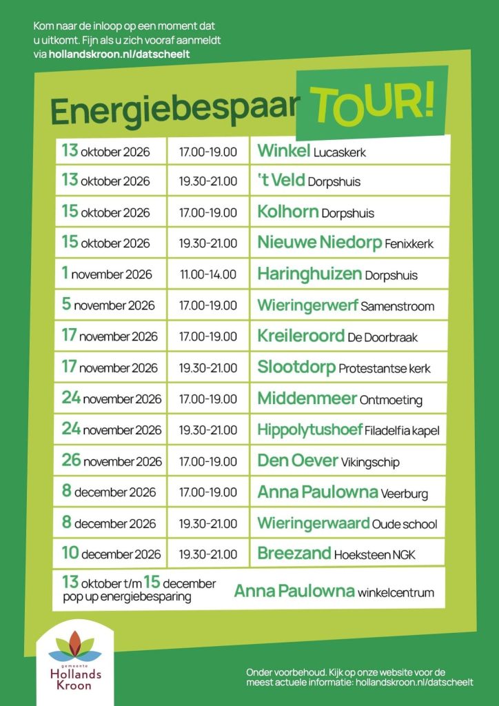 Flyer energiebespaartour met data en dorpen