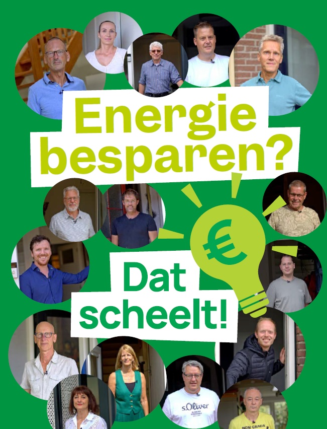 Flyer campagne energie besparen dat scheelt. Met verschillende inwoners.