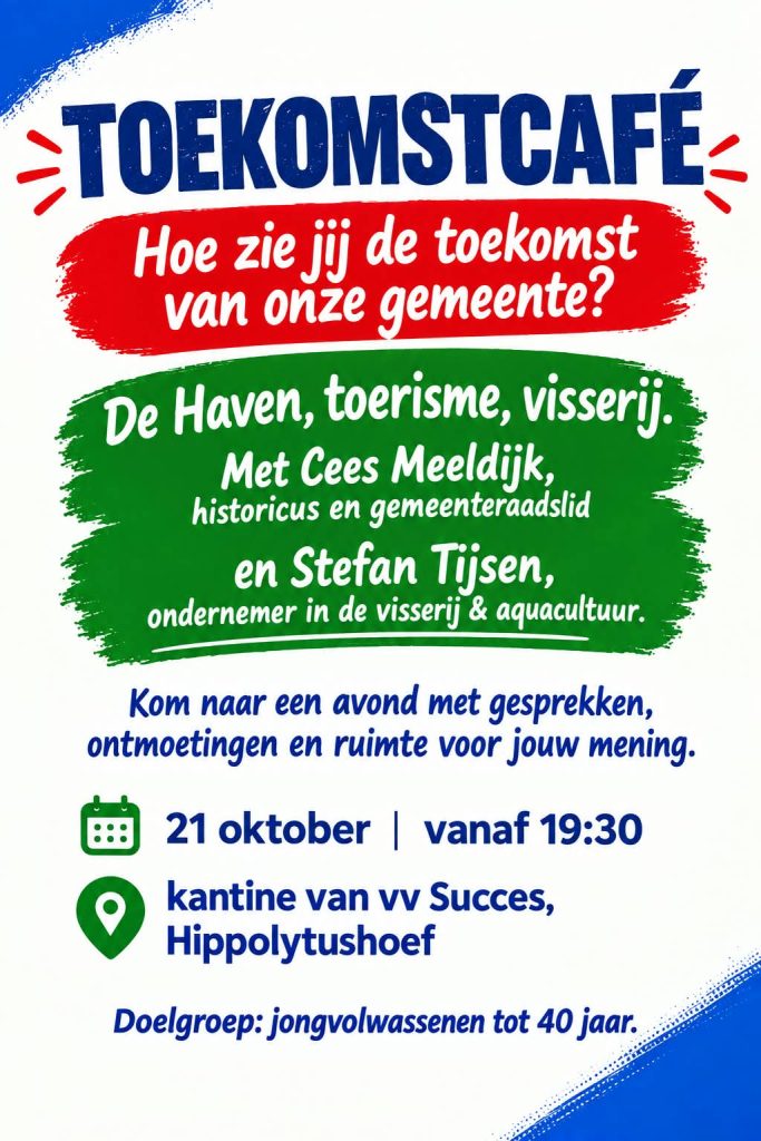 Poster voor een toekomstcafé met de titel: “Toekomstcafé – Hoe zie jij de toekomst van onze gemeente?”. Thema van de avond: De Haven, toerisme, visserij. Sprekers zijn Cees Meeldijk, historicus en gemeenteraadslid, en Stefan Tijsen, ondernemer in de visserij en aquacultuur. De poster nodigt uit voor een avond met gesprekken, ontmoetingen en ruimte voor meningen en ideeën. Het evenement vindt plaats op 21 oktober vanaf 19.30 uur in de kantine van vv Succes in Hippolytushoef. De doelgroep is jongvolwassenen tot 40 jaar. De vormgeving bestaat uit blauwe, rode en groene vlakken met witte en blauwe tekst op een lichte achtergrond. Kalender- en locatie-iconen markeren de datum, tijd en locatie.