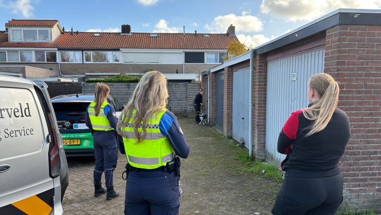 Alttekst: Twee handhavers in uniform en reflecterende gele hesjes staan bij een rij garages. Rechts staat nog een persoon in zwarte kleding. Op de achtergrond loopt iemand met een hond langs de garages. Links staan meerdere geparkeerde voertuigen. Achter de garages zijn rijtjeshuizen met rode dakpannen zichtbaar. De lucht is blauw met enkele wolken.